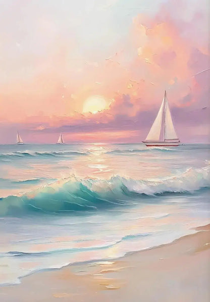 Azul rosa ondas playa atardecer palmeras océano paisaje arte cartel lienzo pintura al óleo Villa dormitorio pared del hogar decoración moderna
