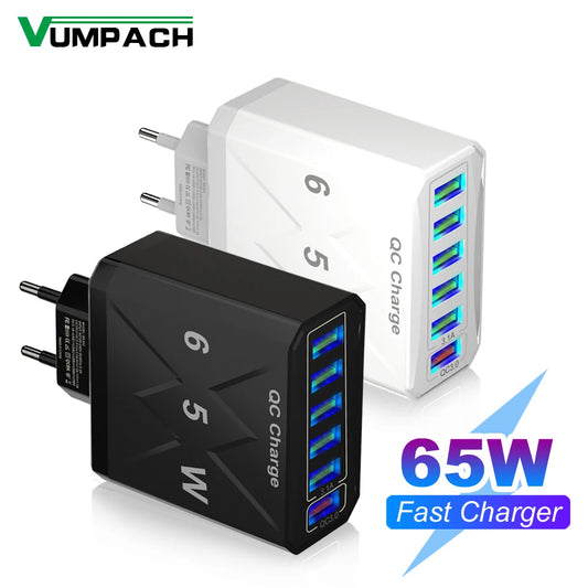 Chargeur USB 65 W 6 ports QC3.0 Chargeur de voyage à charge rapide pour iPhone 14 Samsung Xiaomi Adaptateur de téléphone portable Prise EU KR US UK