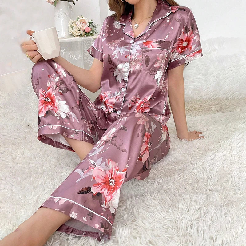 Pijama de satén para mujer, ropa de dormir informal para el hogar, traje de otoño de manga larga con botones, Top y pantalones, ropa