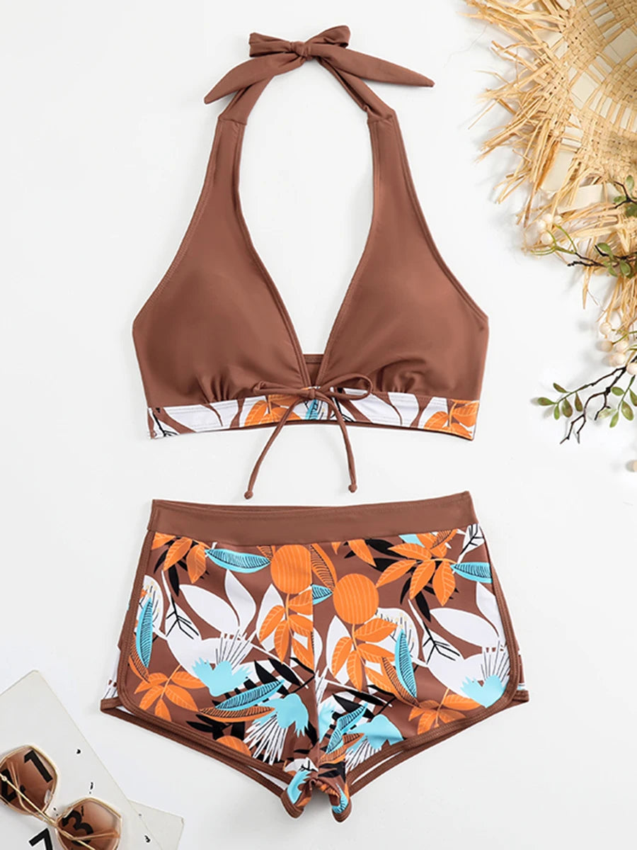 Conjunto de bikini estilo halter 2025, traje de baño corto de cintura alta para mujer, bañador estampado para mujer, traje de baño para playa