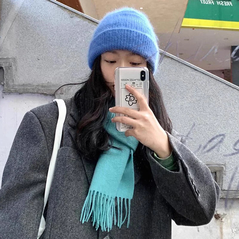Gorro de punto de Angora para mujer, gorros de punto esponjosos de piel de conejo, gorro de lujo de Corea para mujer