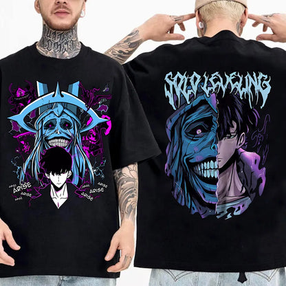 Camiseta de anime japonés Solo Leveling para hombre, camisetas gráficas de dibujos animados de Sung Jinwoo, camiseta Harajuku de manga corta de algodón de alta calidad