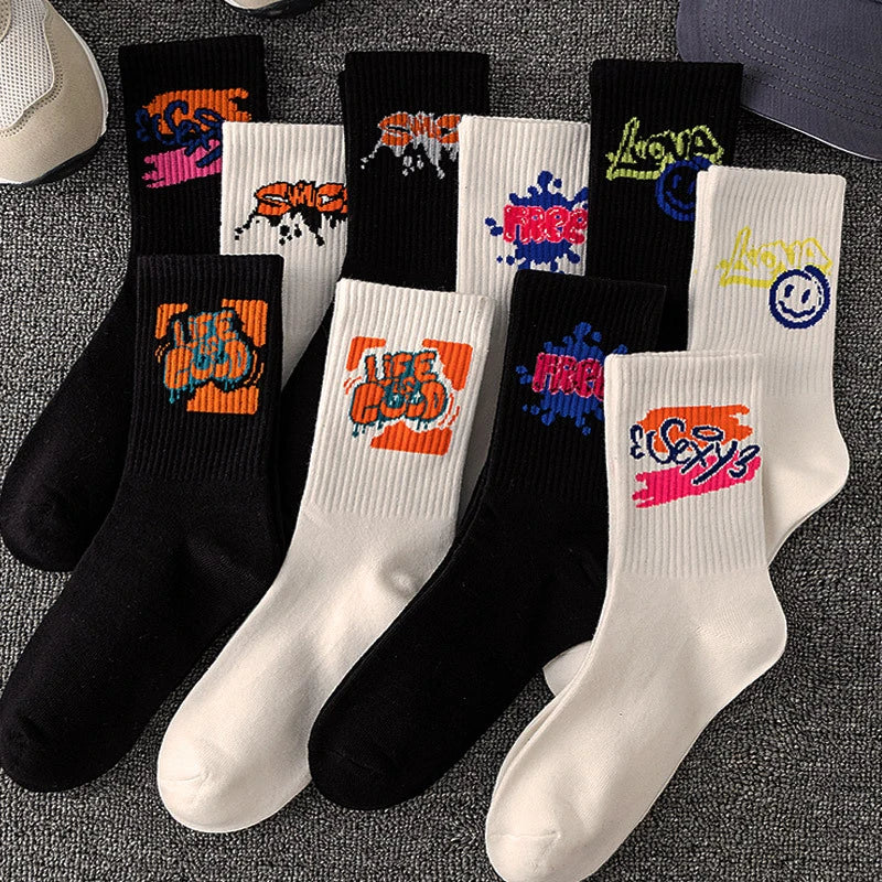 10 piezas calcetines deportivos de alta calidad para parejas a la moda con patrones de grafiti calcetines suaves y cómodos de gran tamaño para hombres