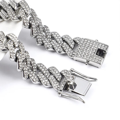 Collar de cadena de eslabones cubanos de 15 mm con diamantes de imitación brillantes de estilo para hombre y mujer, joyería punk de color plateado con cadena cubana, regalo