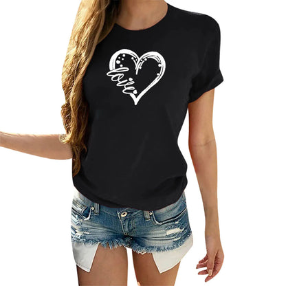 Camiseta de manga corta con estampado de corazón para parejas, cuello redondo, holgada, para amantes, para hombre y mujer