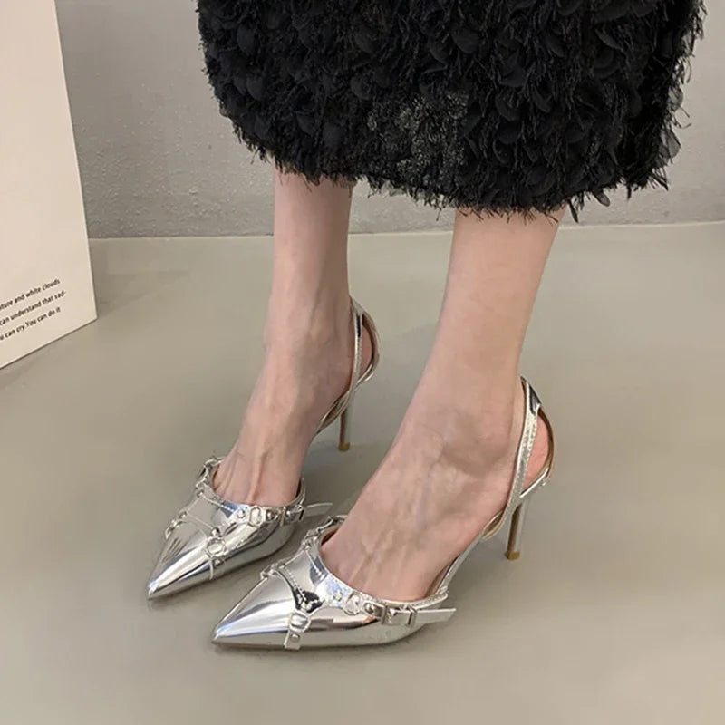 Sandalias de tacón alto plateadas para mujer, zapatos de fiesta Punk Goth con punta estrecha