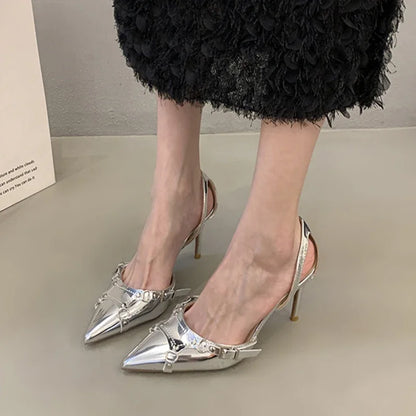 Sandalias de tacón alto plateadas para mujer, zapatos de fiesta Punk Goth con punta estrecha