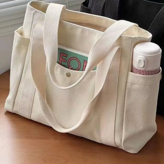 Large capacity canvas tote bag with solid letters, versatile commuter bag, student class, shopping bag for women