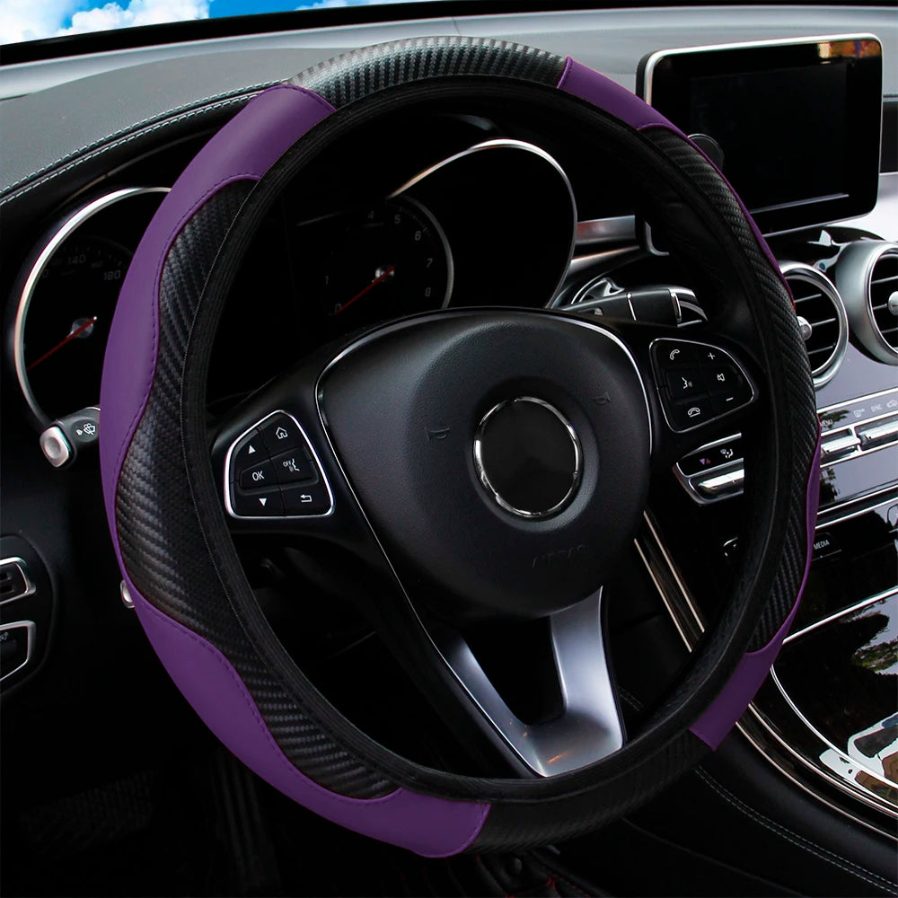Funda para volante de coche de cuero de fibra de carbono PU sin anillo interior, apta para accesorios de automoción de 14,5 a 15 pulgadas