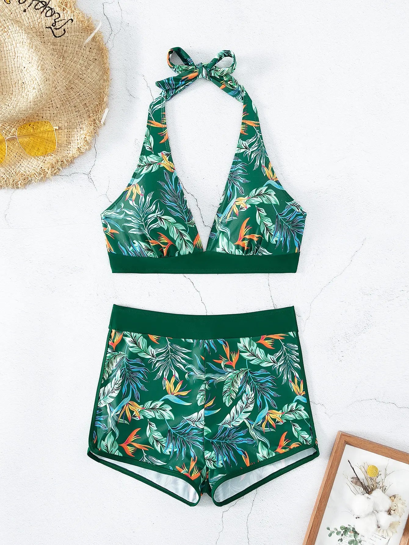Conjunto de bikini estilo halter 2025, traje de baño corto de cintura alta para mujer, bañador estampado para mujer, traje de baño para playa