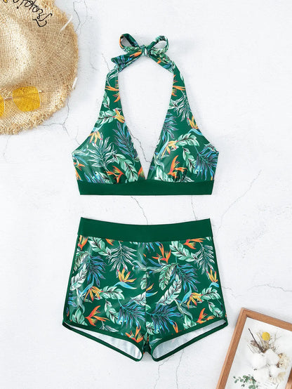 Conjunto de bikini estilo halter 2025, traje de baño corto de cintura alta para mujer, bañador estampado para mujer, traje de baño para playa