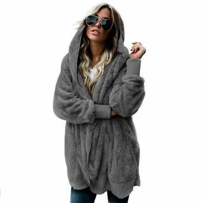 Manteau chaud en peluche pour femme à manches longues, couleur unie, à capuche, surdimensionné, hiver, automne