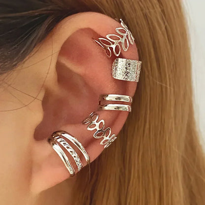 Lot de 5 boucles d'oreilles à clip double en cartilage de feuille de personnalité créative pour femmes