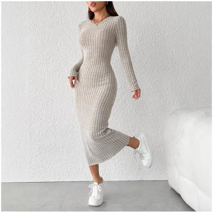 Vestido de punto de manga larga con cuello redondo para mujer