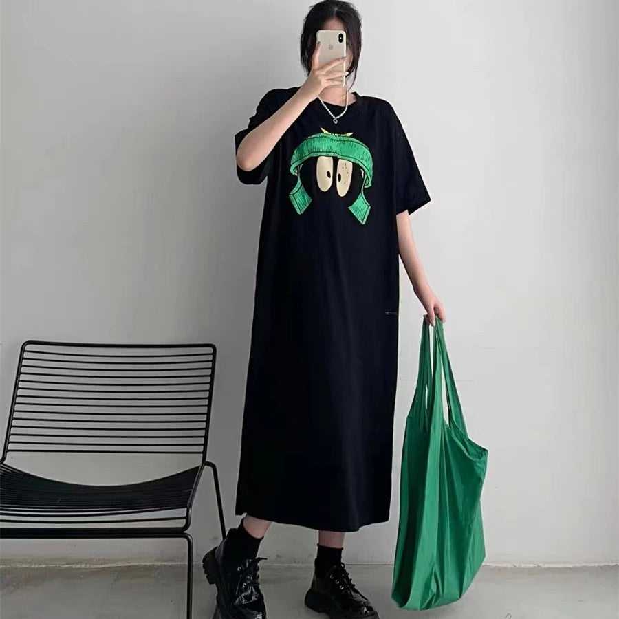vestido largo informal suelto para mujer, versión coreana, vestido de manga Regular con estampado de dibujos animados divididos, ropa femenina grande