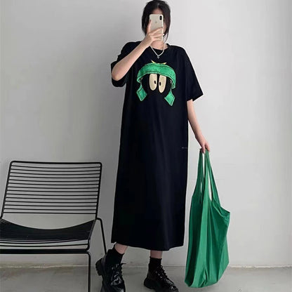 vestido largo informal suelto para mujer, versión coreana, vestido de manga Regular con estampado de dibujos animados divididos, ropa femenina grande