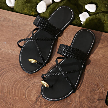 Sandalias doradas con punta de clip para mujer, chanclas planas de verano , para playa
