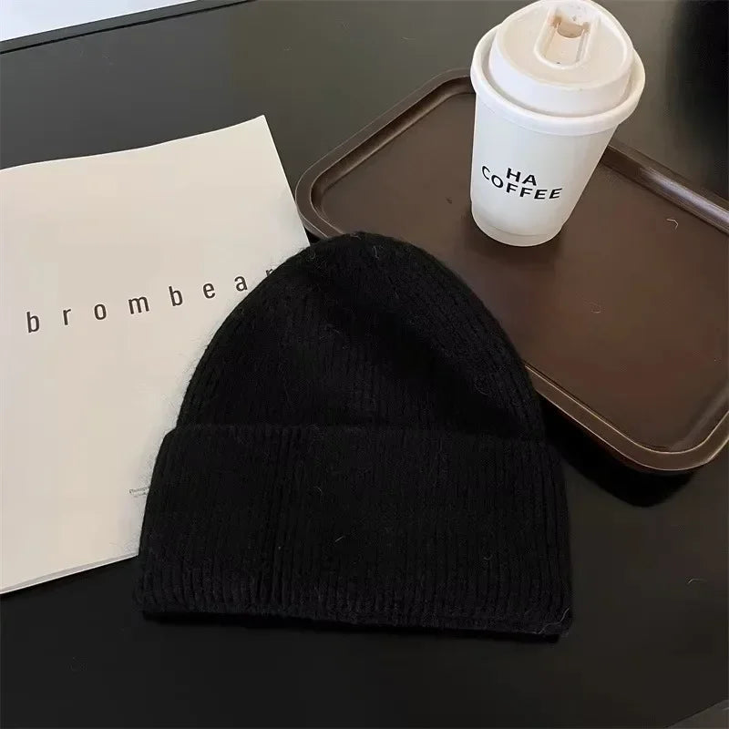 Gorro de punto de Angora para mujer, gorros de punto esponjosos de piel de conejo, gorro de lujo de Corea para mujer