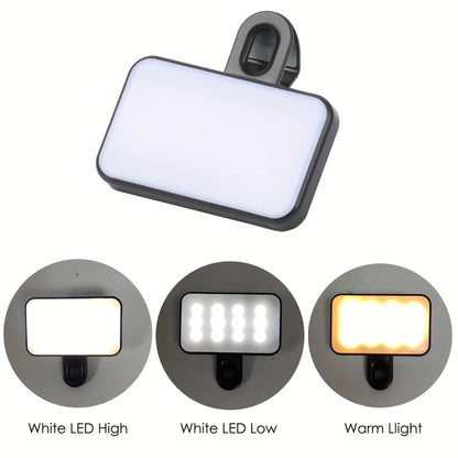 Mini luz de relleno recargable para selfies: 3 modos de color, brillo ajustable, luz LED con clip para teléfonos móviles y computadoras.