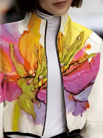 Chaqueta con estampado Floral para mujer, abrigo holgado de media manga con cremallera y cuello alto, otoño