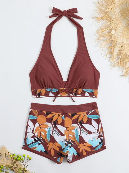 Conjunto de bikini estilo halter 2025, traje de baño corto de cintura alta para mujer, bañador estampado para mujer, traje de baño para playa