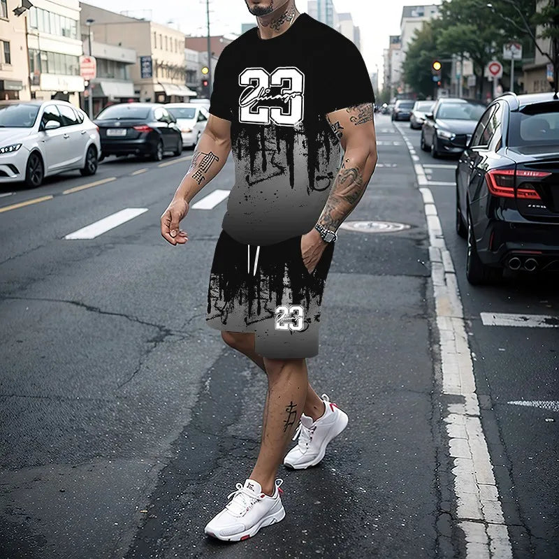Conjunto de camiseta con estampado para hombre, pantalones cortos con estampado creativo