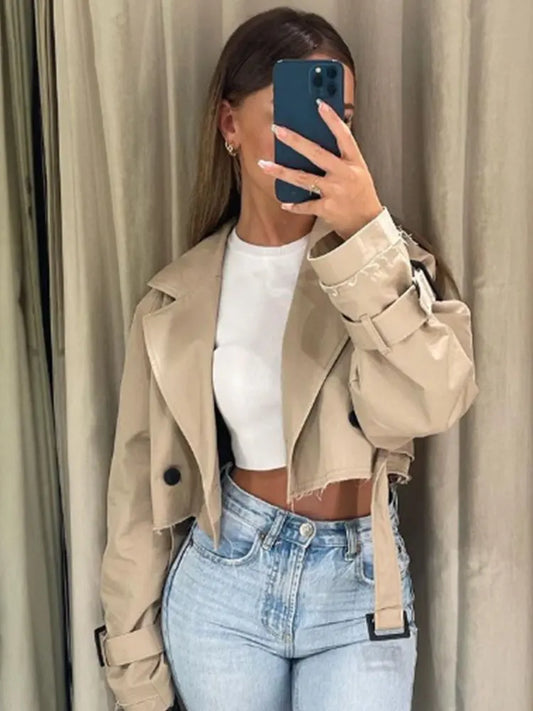 Gabardina recortada con cinturón para mujer, chaqueta de primavera, ropa de calle Vintage, Top de manga larga con doble botonadura, trajes de abrigo para mujer