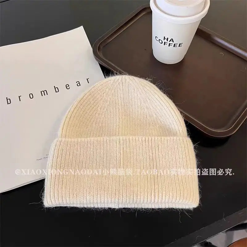 Gorro de punto de Angora para mujer, gorros de punto esponjosos de piel de conejo, gorro de lujo de Corea para mujer