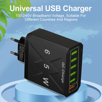 65W 6 Port USB Charger QC3.0 Quick Charge Travel Charger for iPhone 14 Samsung Xiaomi Mobile Phone Adapter EU KR US UK Plug