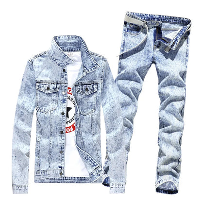 Conjunto de 4 piezas de chaqueta vaquera de estilo hip hop para hombre, abrigo de botonadura sencilla con agujeros, pantalones vaqueros con camisa y cinturón, para primavera y otoño