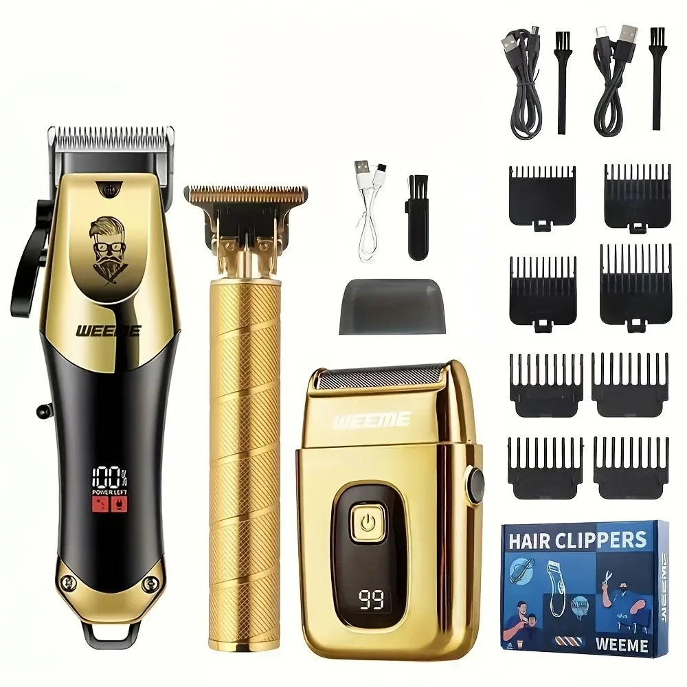 Maquina cortadora de pelo (3 piezas), cortapelos dorado negro con pantalla LCD, recargable por USB, 8 peines guía, recortadora y afeitadora.