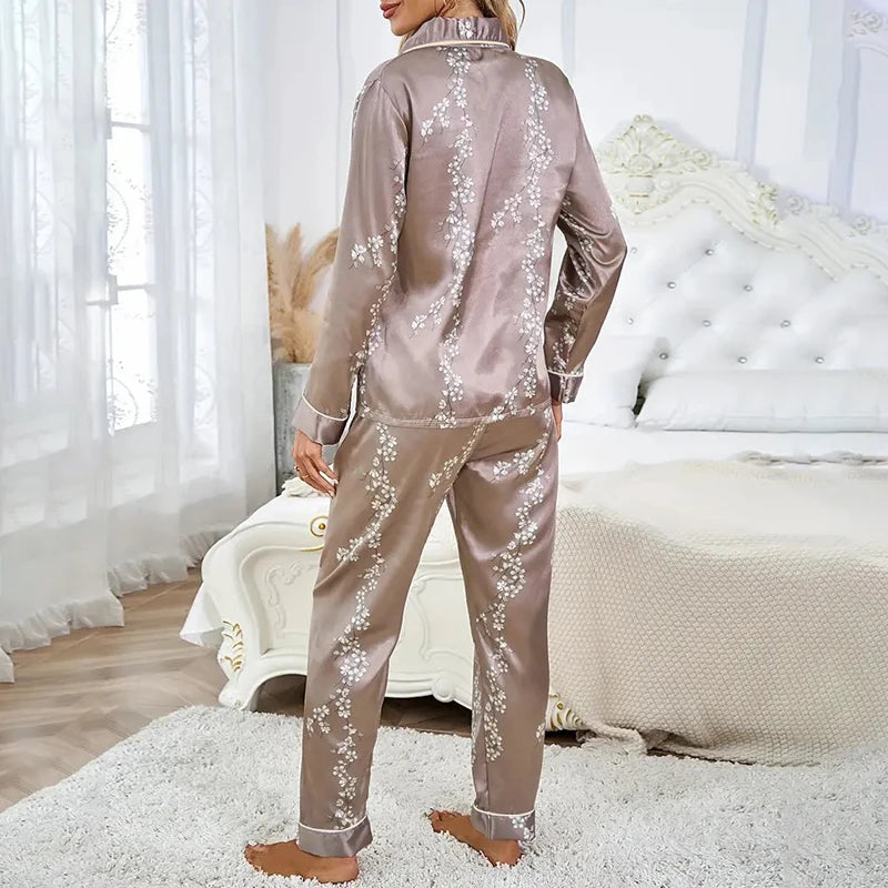 Pijama de satén para mujer, ropa de dormir informal para el hogar, traje de otoño de manga larga con botones, Top y pantalones, ropa
