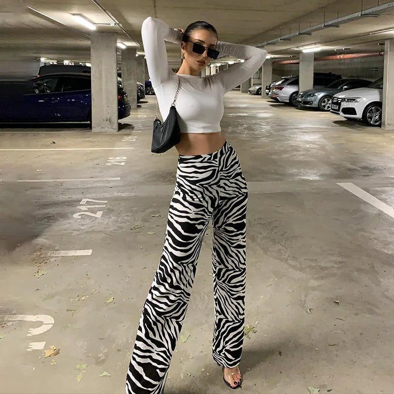 Pantalones anchos con estampado de cebra de verano 2024, pantalones Y2K sexis de cintura alta para mujer, nueva moda informal a rayas para mujer, ropa de calle 16395