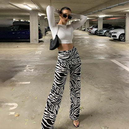 Pantalones anchos con estampado de cebra de verano 2024, pantalones Y2K sexis de cintura alta para mujer, nueva moda informal a rayas para mujer, ropa de calle 16395