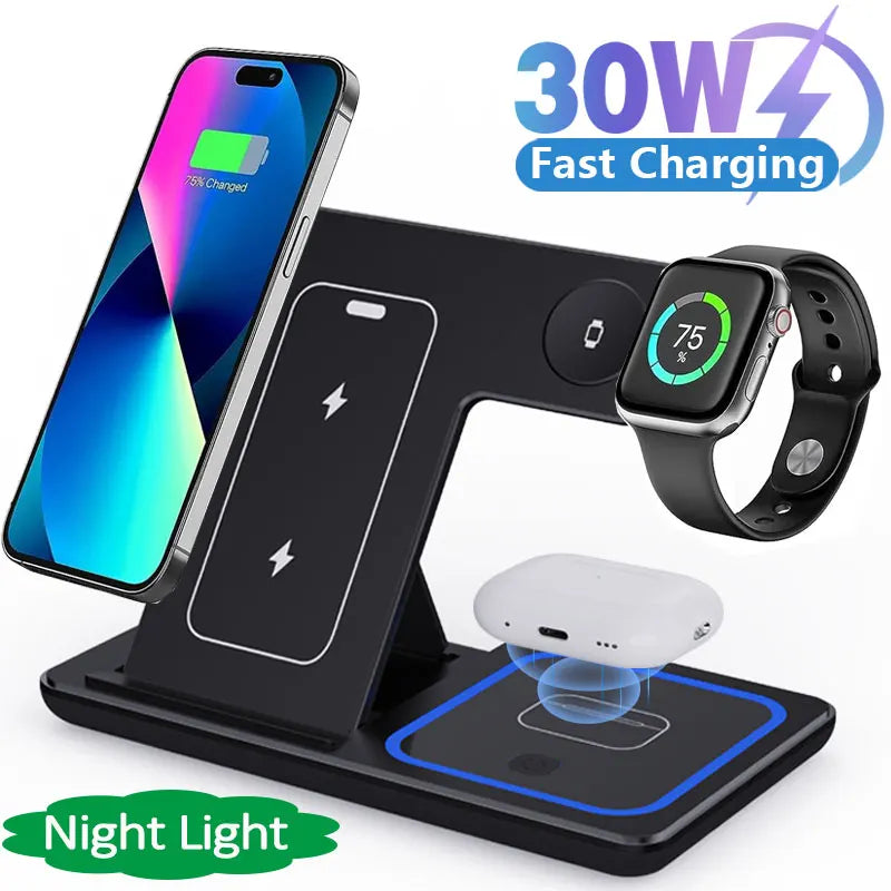 Cargador inalámbrico rápido LED de 30 W, estación de carga plegable 3 en 1 para iPhone 15, 14, 13, 12, 11, Apple Watch 9, 8, 7, 6, 5 y Airpods Pro