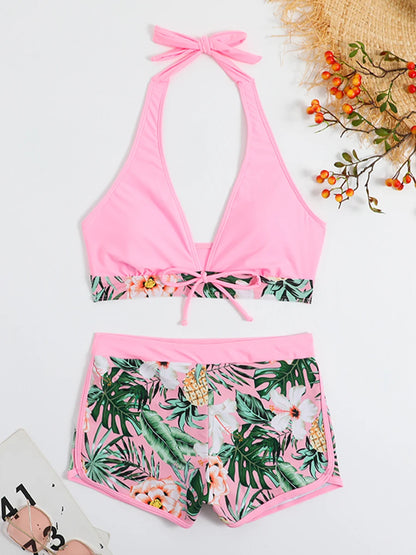 Conjunto de bikini estilo halter 2025, traje de baño corto de cintura alta para mujer, bañador estampado para mujer, traje de baño para playa