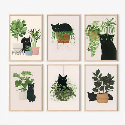 Impresiones artísticas de pared botánicas de gato negro, hojas verdes, plantas, póster bohemio, pinturas decorativas, decoración del hogar para dormitorio y sala de estar