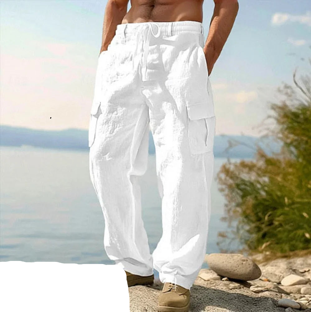 Pantalones de algodón y lino para hombres europeos y americanos, pantalones de trabajo con múltiples bolsillos, ropa deportiva recta holgada y pantalones casuales