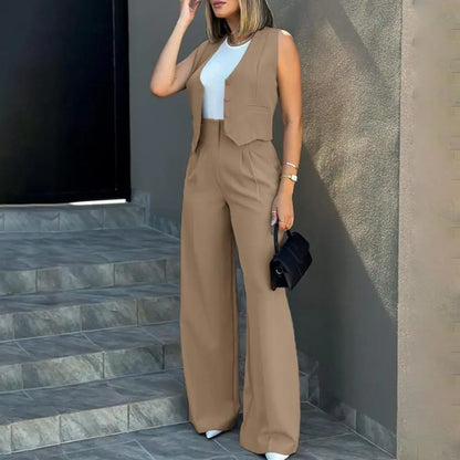 Elegant women's loose pants set with sleeveless vest, high waist wide leg pants for women in fashionable solid color