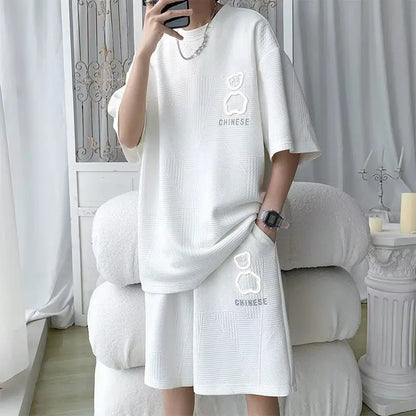 Costume pour hommes nouvelle mode coréenne de haute rue T-shirt short ensemble deux pièces col rétro vêtements de créateurs pour hommes 