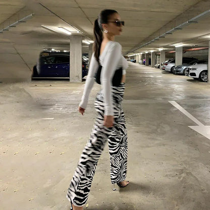 Pantalones anchos con estampado de cebra de verano 2024, pantalones Y2K sexis de cintura alta para mujer, nueva moda informal a rayas para mujer, ropa de calle 16395