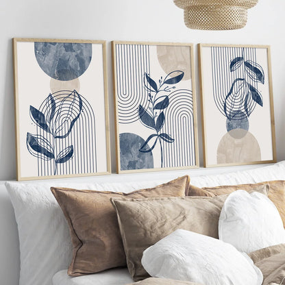 Juego de 3 impresiones artísticas de pared de plantas de líneas geométricas