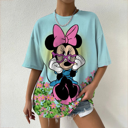 Camiseta de verano de manga corta para mujer, con estampado de cuello redondo