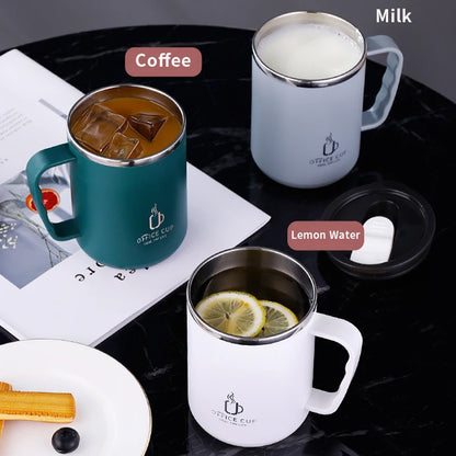 Botella de agua de acero inoxidable 304 de 500 ml/17 oz, taza de café de doble capa, taza de leche con tapa y asa de plástico