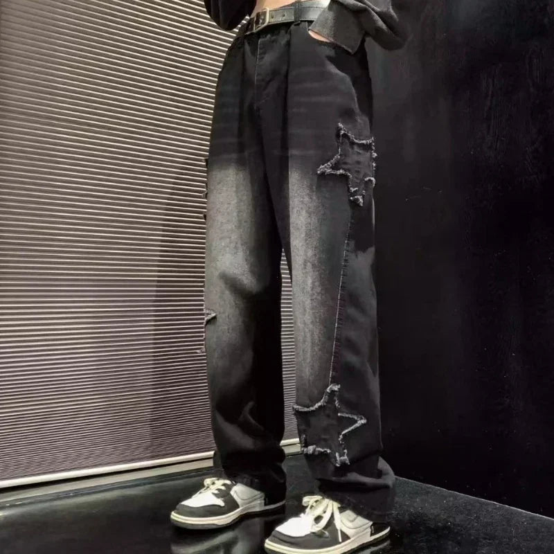 Jean ample pour homme avec broderie étoile, jean extensible à jambe large