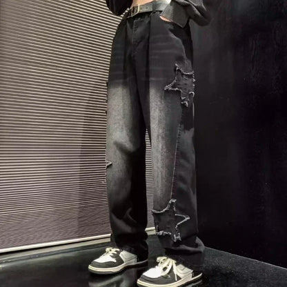 Jean ample pour homme avec broderie étoile, jean extensible à jambe large