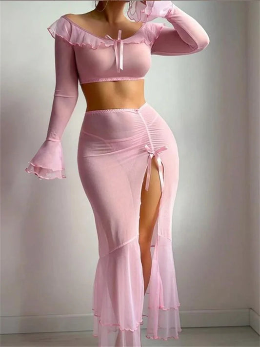 Conjunto de lencería de 3 piezas para mujer, trajes de malla con lazo y hombros descubiertos, manga larga acampanada, falda dividida alta, tanga