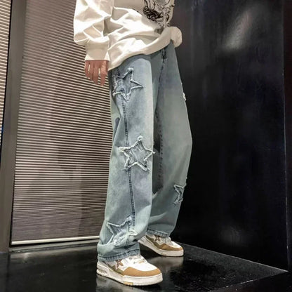 Jean ample pour homme avec broderie étoile, jean extensible à jambe large
