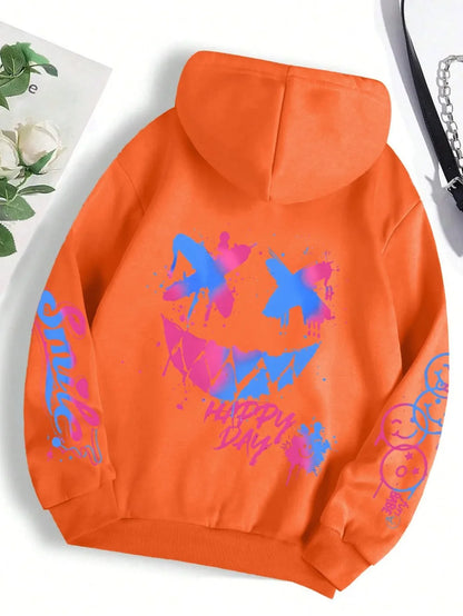sudadera unisex con capucha transpirable y cómoda con estampado de cara sonriente personalizada de otoño para hombre, sudadera con capucha de moda urbana para exteriores