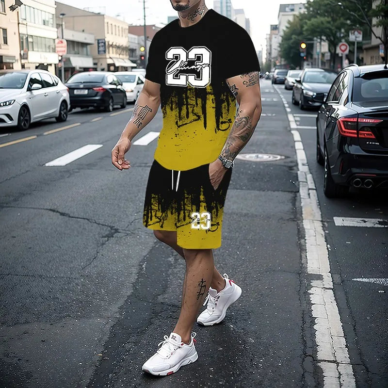 Conjunto de camiseta con estampado para hombre, pantalones cortos con estampado creativo